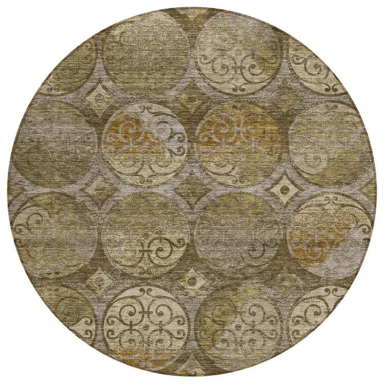 8' Brown Taupe And Gray Round Trellis Washable Indoor Outdoor Area Rug