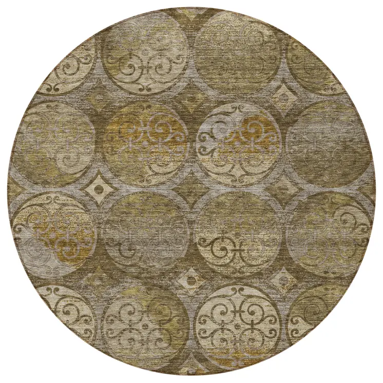 8' Brown Taupe And Gray Round Trellis Washable Indoor Outdoor Area Rug