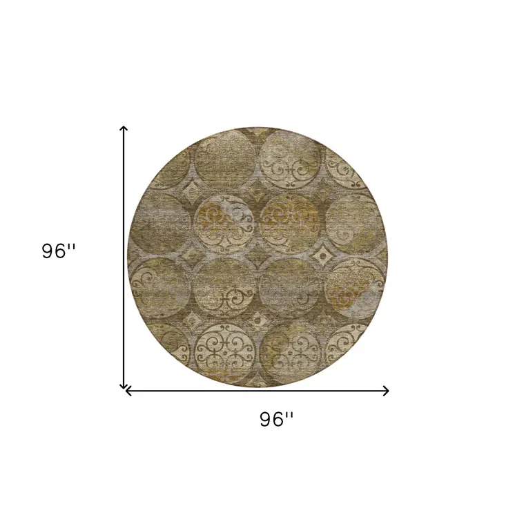 8' Brown Taupe And Gray Round Trellis Washable Indoor Outdoor Area Rug