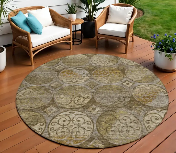8' Brown Taupe And Gray Round Trellis Washable Indoor Outdoor Area Rug