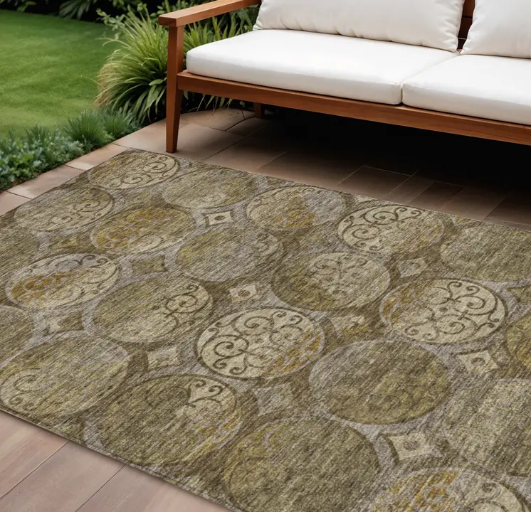 10' X 14' Brown Taupe And Gray Trellis Washable Indoor Outdoor Area Rug