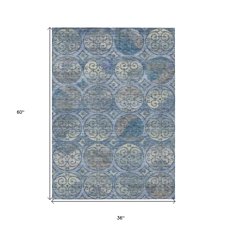 3' X 5' Navy Blue And Sky Blue Trellis Washable Indoor Outdoor Area Rug
