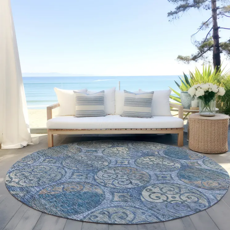 8' Navy Blue And Sky Blue Round Trellis Washable Indoor Outdoor Area Rug