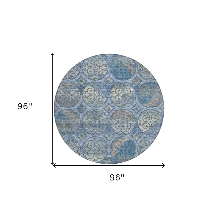 8' Navy Blue And Sky Blue Round Trellis Washable Indoor Outdoor Area Rug