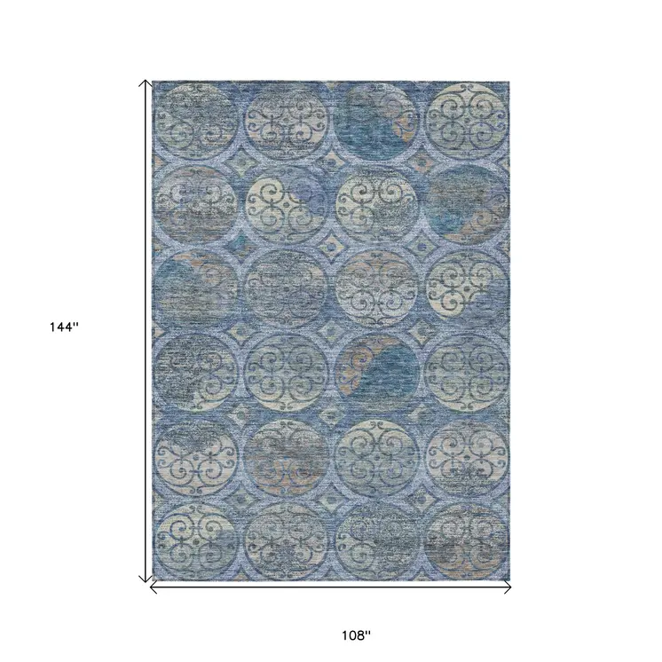 9' X 12' Navy Blue And Sky Blue Trellis Washable Indoor Outdoor Area Rug