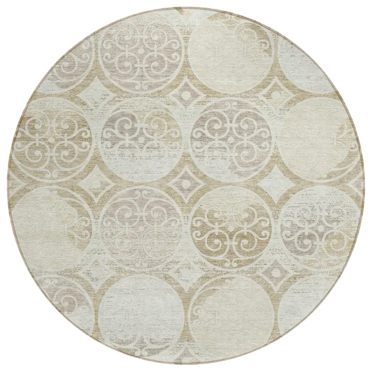 8' Ivory Beige And Taupe Round Trellis Washable Indoor Outdoor Area Rug