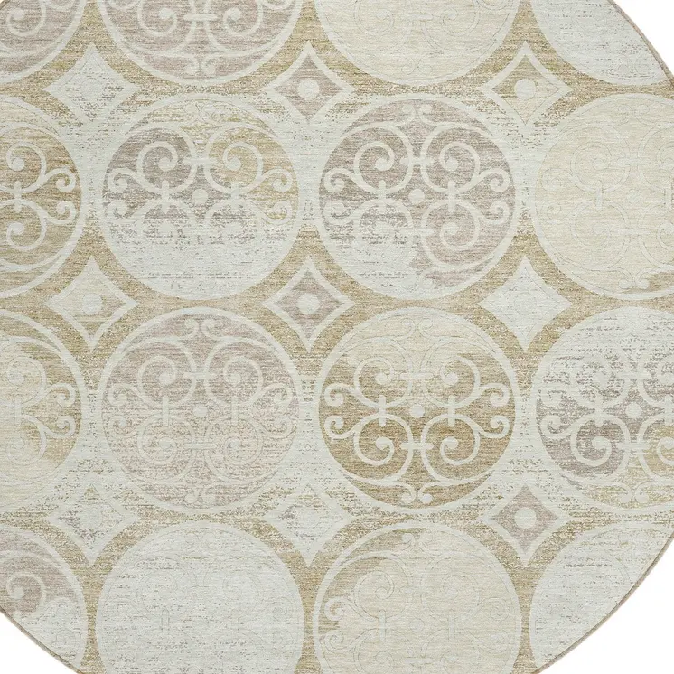 8' Ivory Beige And Taupe Round Trellis Washable Indoor Outdoor Area Rug