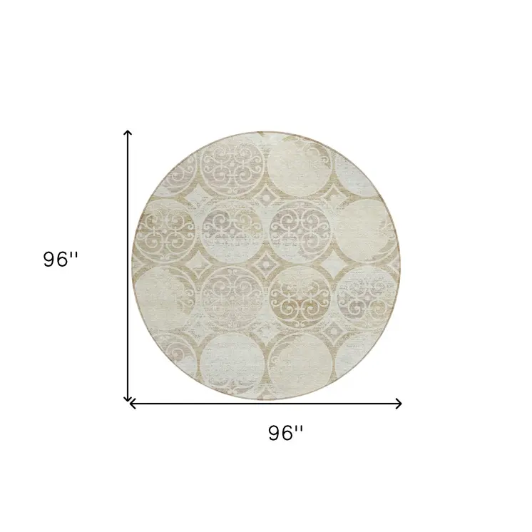 8' Ivory Beige And Taupe Round Trellis Washable Indoor Outdoor Area Rug