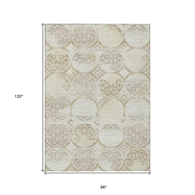 8' X 10' Ivory Beige And Taupe Trellis Washable Indoor Outdoor Area Rug