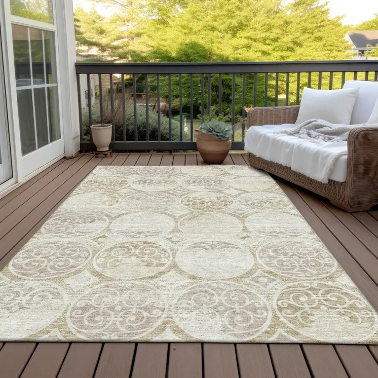 8' X 10' Ivory Beige And Taupe Trellis Washable Indoor Outdoor Area Rug