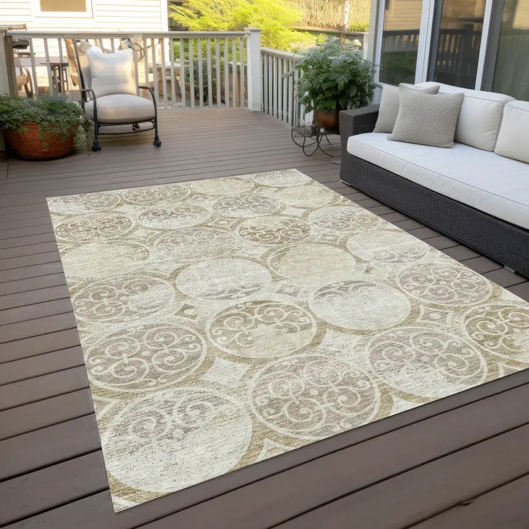 9' X 12' Ivory Beige And Taupe Trellis Washable Indoor Outdoor Area Rug