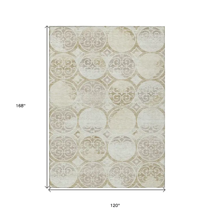 10' X 14' Ivory Beige And Taupe Trellis Washable Indoor Outdoor Area Rug