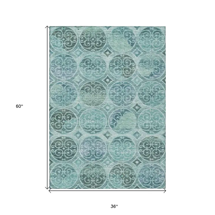3' X 5' Teal Blue And Aqua Trellis Washable Indoor Outdoor Area Rug