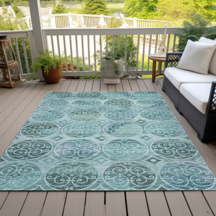 3' X 5' Teal Blue And Aqua Trellis Washable Indoor Outdoor Area Rug