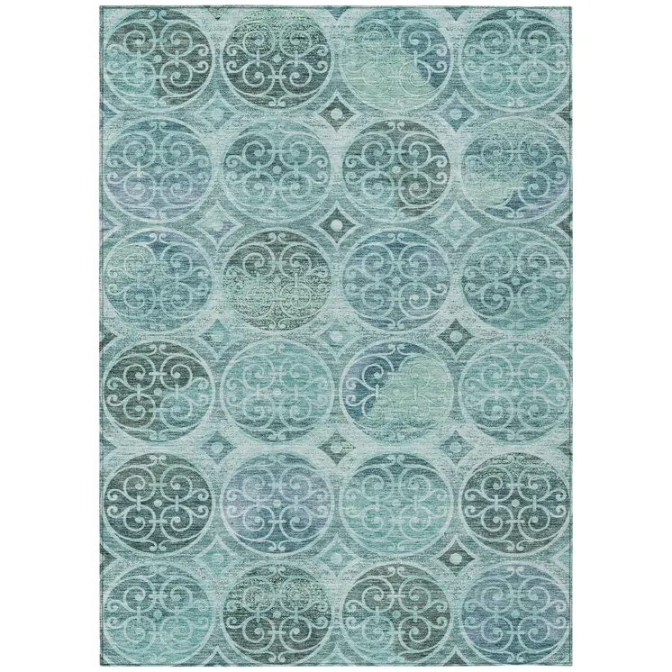 5' X 8' Teal Blue And Aqua Trellis Washable Indoor Outdoor Area Rug