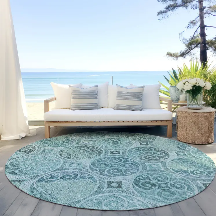 8' Teal Blue And Aqua Round Trellis Washable Indoor Outdoor Area Rug