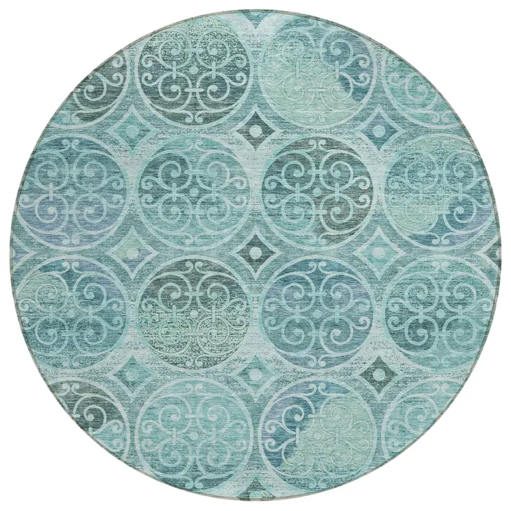 8' Teal Blue And Aqua Round Trellis Washable Indoor Outdoor Area Rug