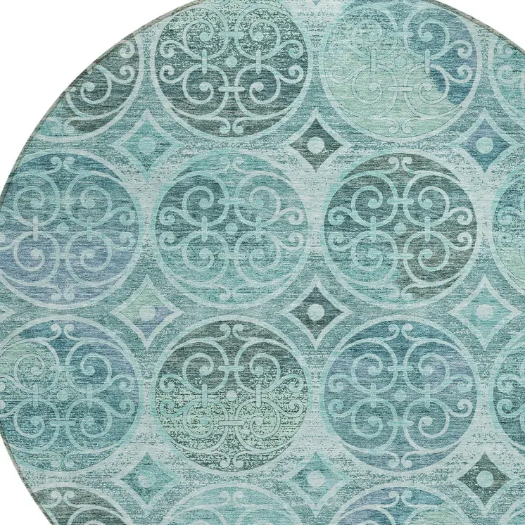 8' Teal Blue And Aqua Round Trellis Washable Indoor Outdoor Area Rug