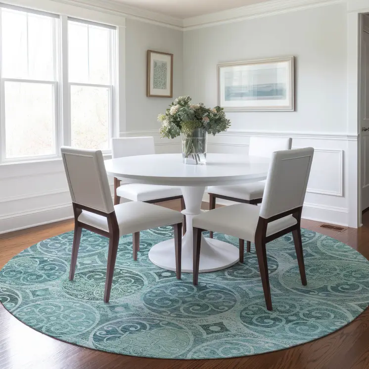 8' Teal Blue And Aqua Round Trellis Washable Indoor Outdoor Area Rug