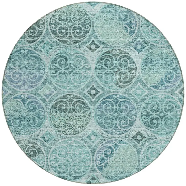 8' Teal Blue And Aqua Round Trellis Washable Indoor Outdoor Area Rug