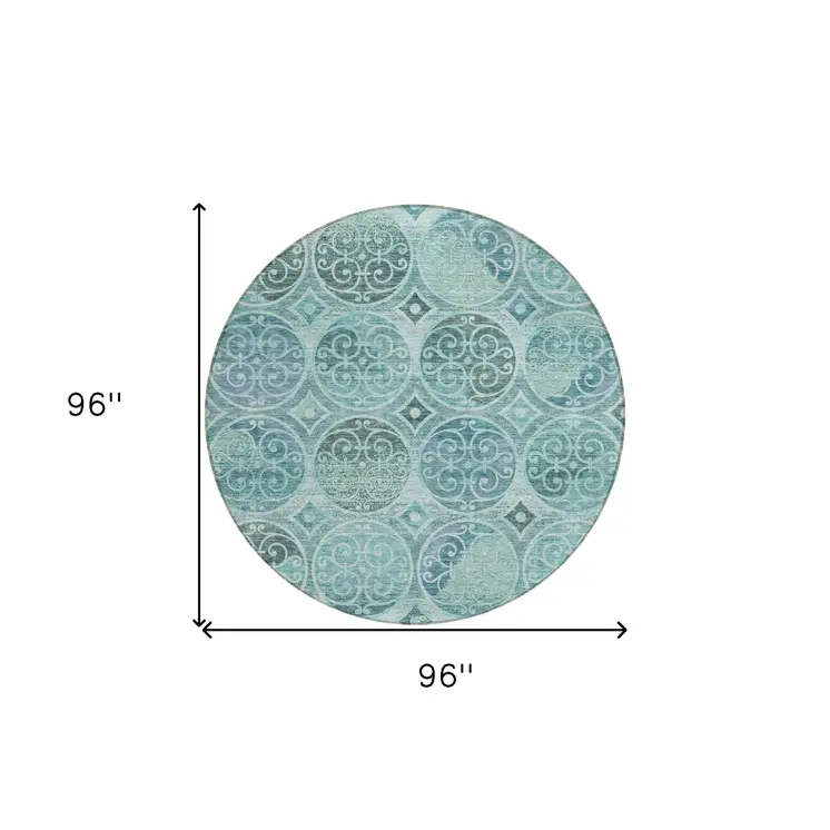 8' Teal Blue And Aqua Round Trellis Washable Indoor Outdoor Area Rug
