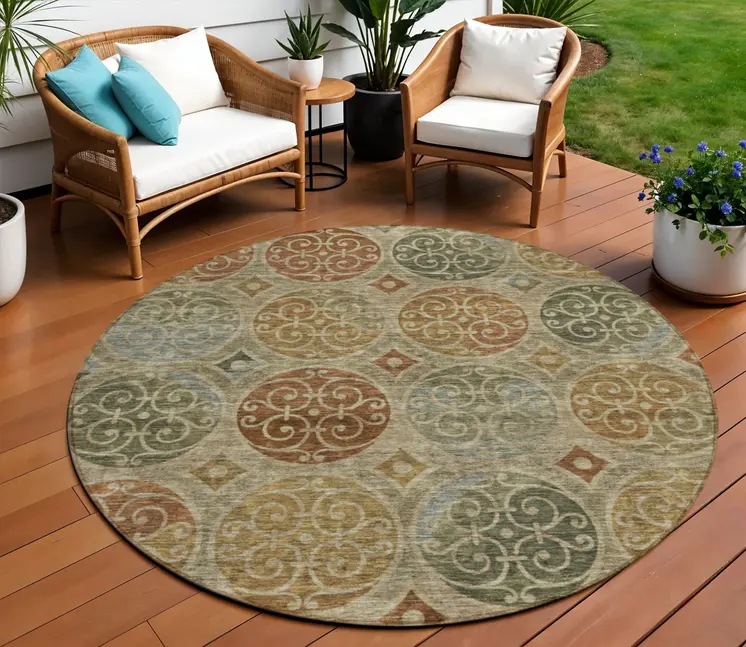 8' Taupe Green And Gold Round Trellis Washable Indoor Outdoor Area Rug