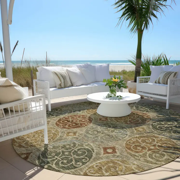 8' Taupe Green And Gold Round Trellis Washable Indoor Outdoor Area Rug
