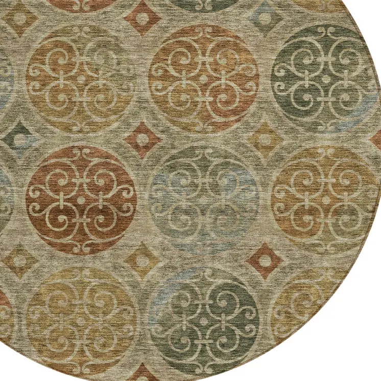 8' Taupe Green And Gold Round Trellis Washable Indoor Outdoor Area Rug