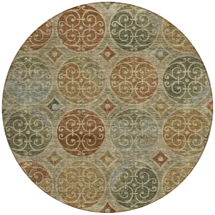 8' Taupe Green And Gold Round Trellis Washable Indoor Outdoor Area Rug