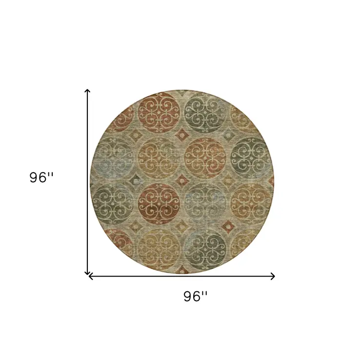 8' Taupe Green And Gold Round Trellis Washable Indoor Outdoor Area Rug