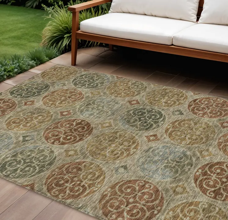 8' X 10' Taupe Green And Gold Trellis Washable Indoor Outdoor Area Rug