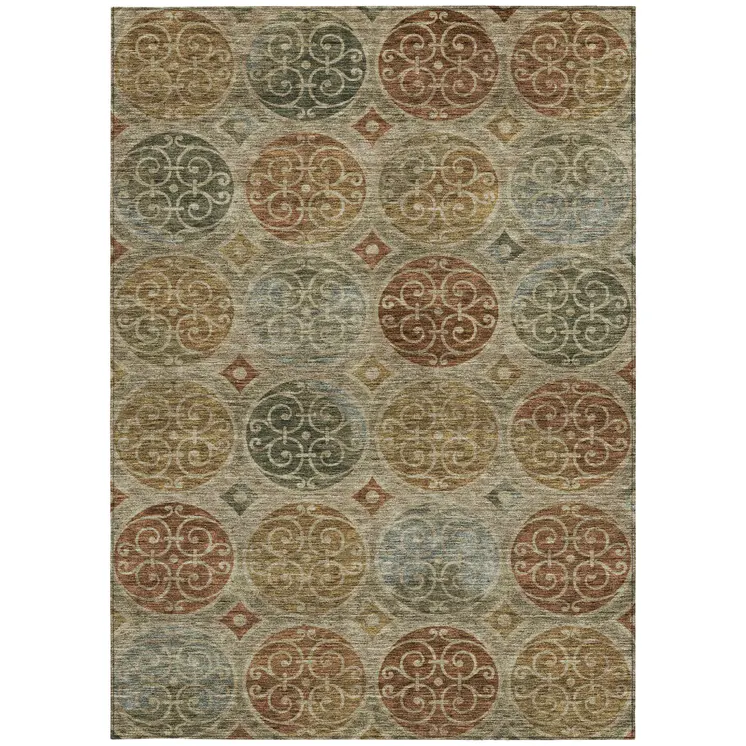 9' X 12' Taupe Green And Gold Trellis Washable Indoor Outdoor Area Rug