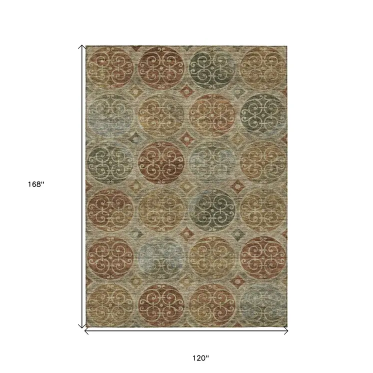 10' X 14' Taupe Green And Gold Trellis Washable Indoor Outdoor Area Rug