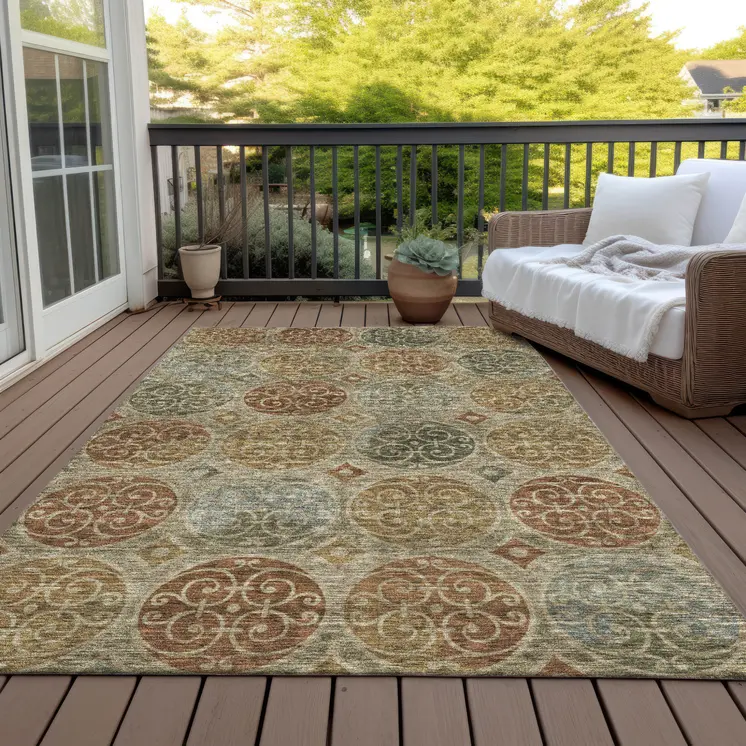 10' X 14' Taupe Green And Gold Trellis Washable Indoor Outdoor Area Rug