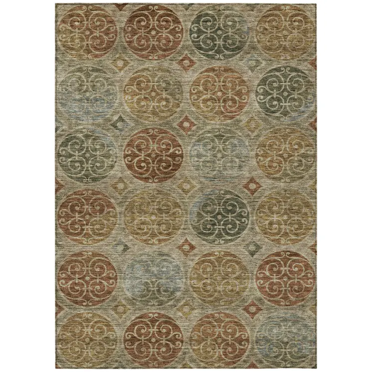 10' X 14' Taupe Green And Gold Trellis Washable Indoor Outdoor Area Rug