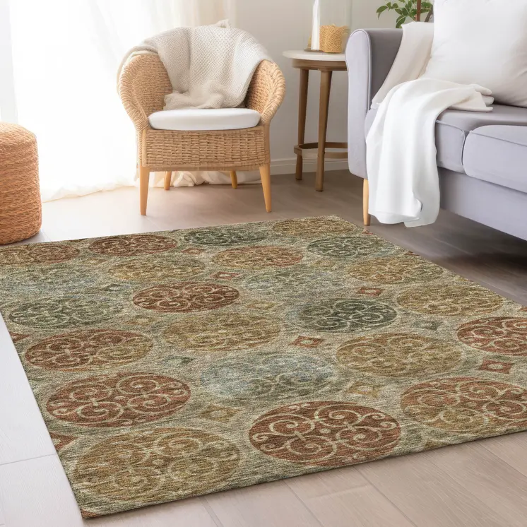 10' X 14' Taupe Green And Gold Trellis Washable Indoor Outdoor Area Rug