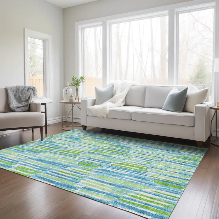 5' X 8' Aqua Teal Blue And Lime Green Abstract Washable Indoor Outdoor Area Rug
