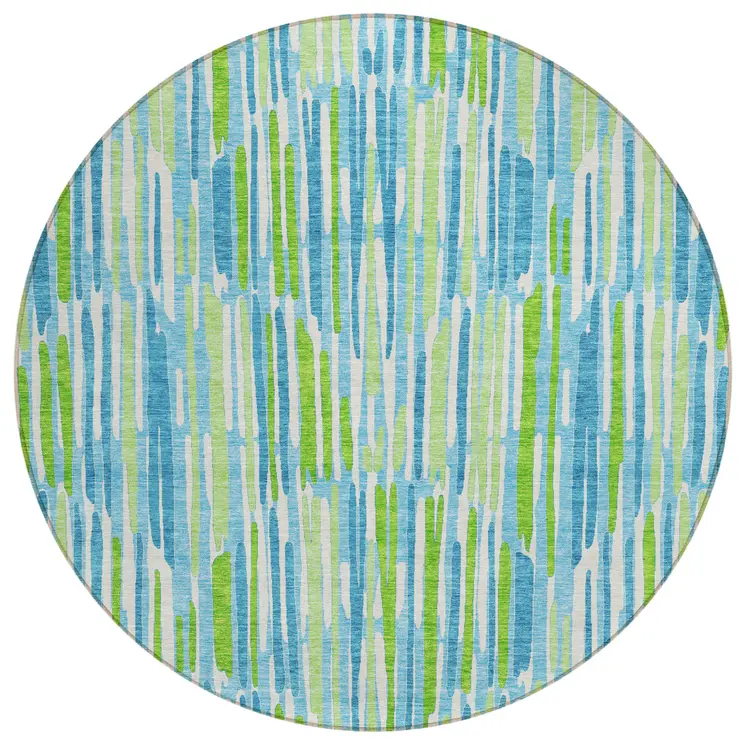 8' Aqua Teal Blue And Lime Green Round Abstract Washable Indoor Outdoor Area Rug