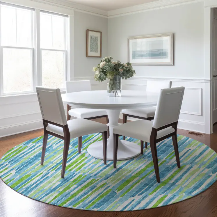 8' Aqua Teal Blue And Lime Green Round Abstract Washable Indoor Outdoor Area Rug