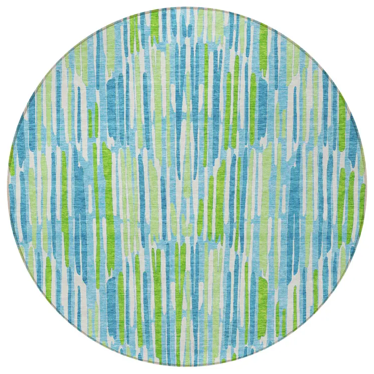 8' Aqua Teal Blue And Lime Green Round Abstract Washable Indoor Outdoor Area Rug
