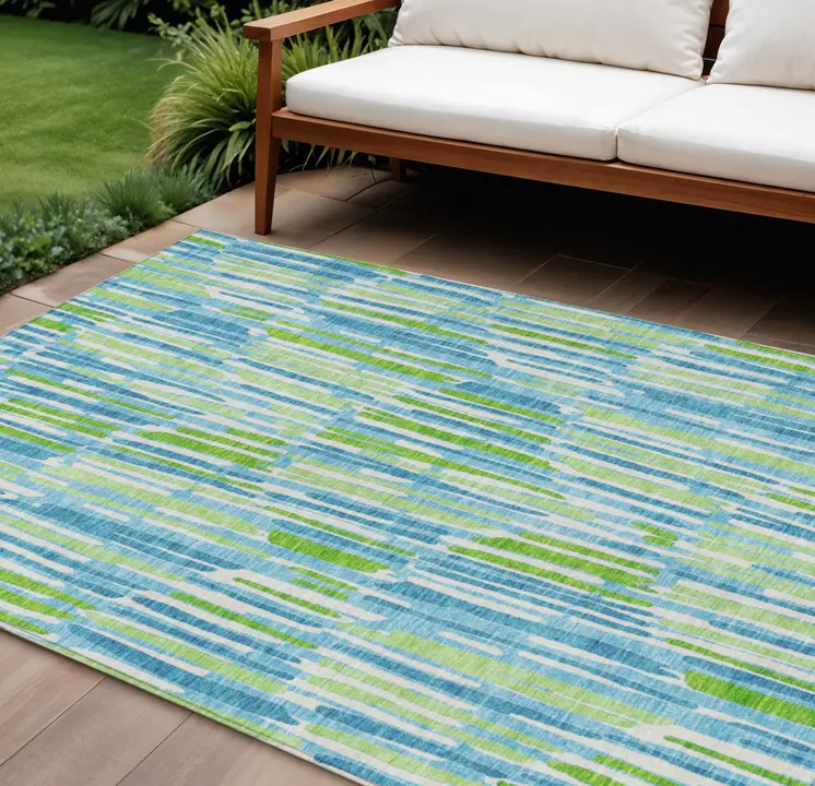 9' X 12' Aqua Teal Blue And Lime Green Abstract Washable Indoor Outdoor Area Rug