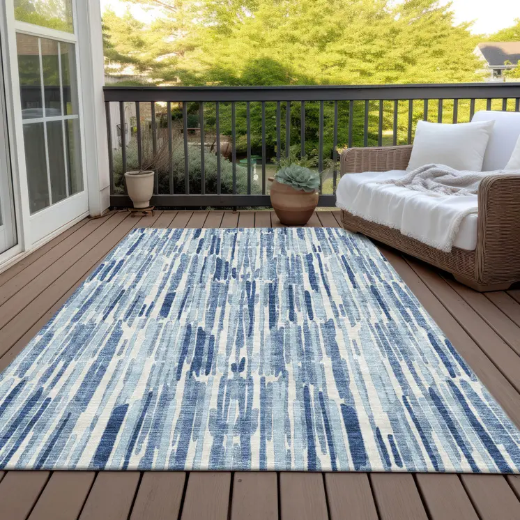 5' X 8' Navy Blue And Sky Blue Abstract Washable Indoor Outdoor Area Rug