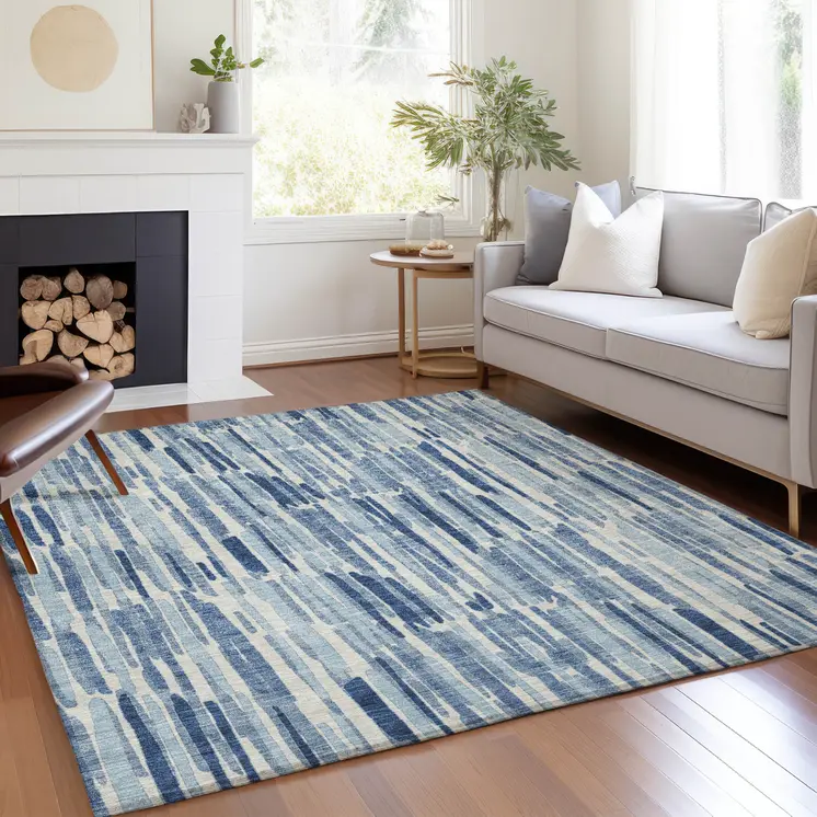 5' X 8' Navy Blue And Sky Blue Abstract Washable Indoor Outdoor Area Rug