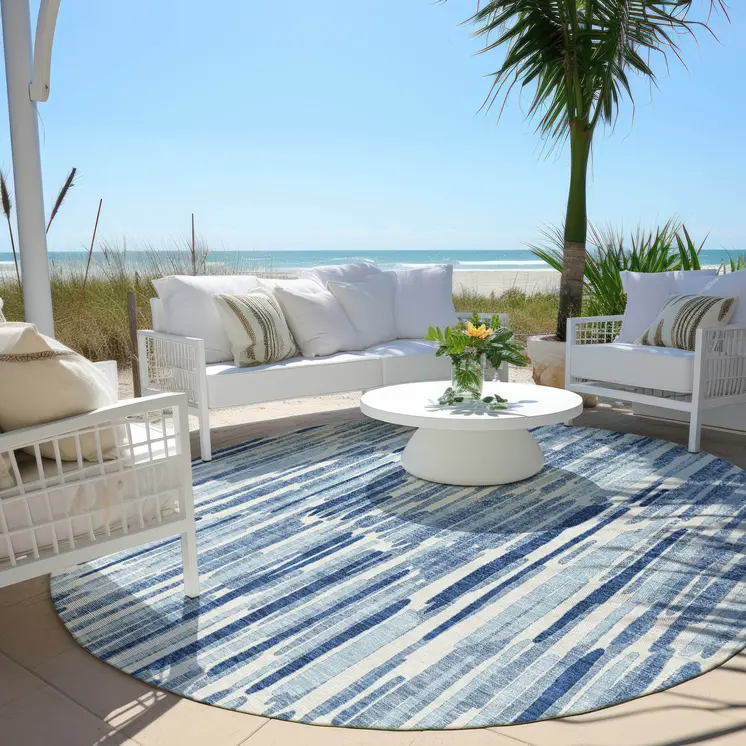 8' Navy Blue And Sky Blue Round Abstract Washable Indoor Outdoor Area Rug