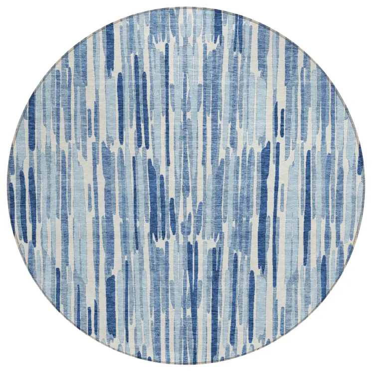 8' Navy Blue And Sky Blue Round Abstract Washable Indoor Outdoor Area Rug