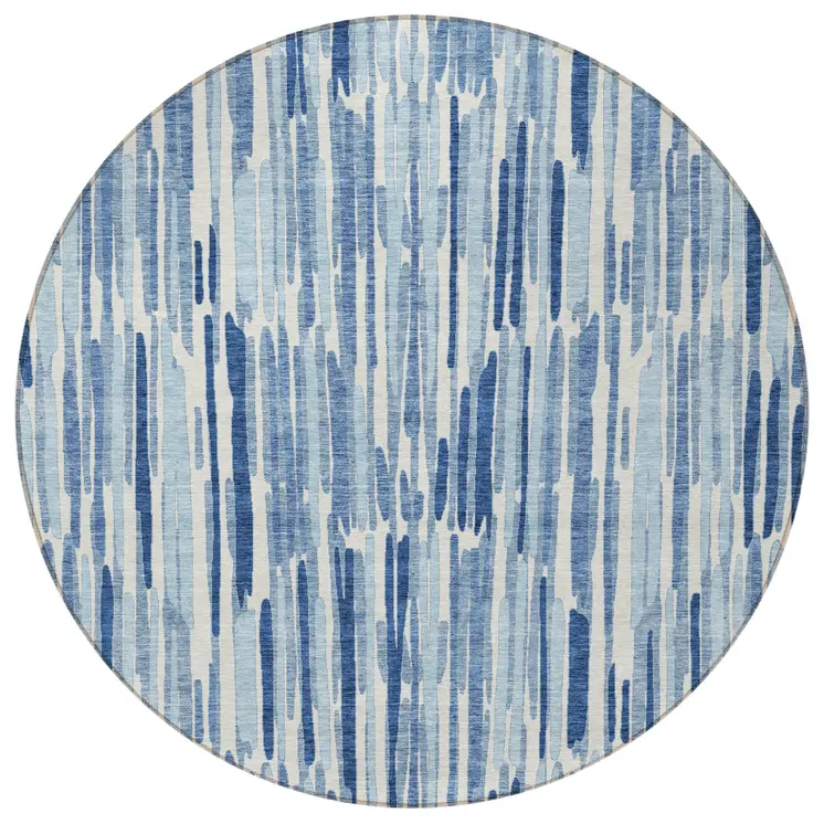 8' Navy Blue And Sky Blue Round Abstract Washable Indoor Outdoor Area Rug
