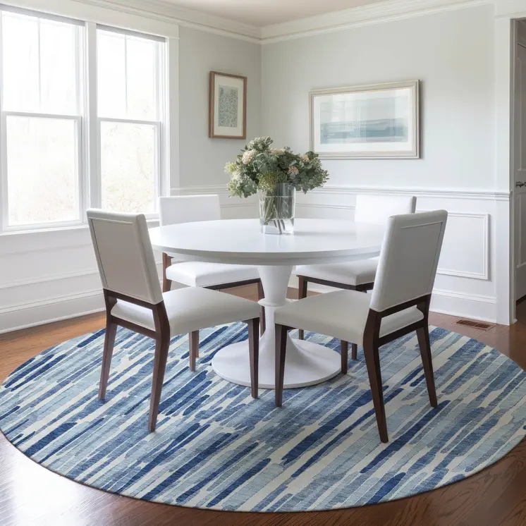 8' Navy Blue And Sky Blue Round Abstract Washable Indoor Outdoor Area Rug