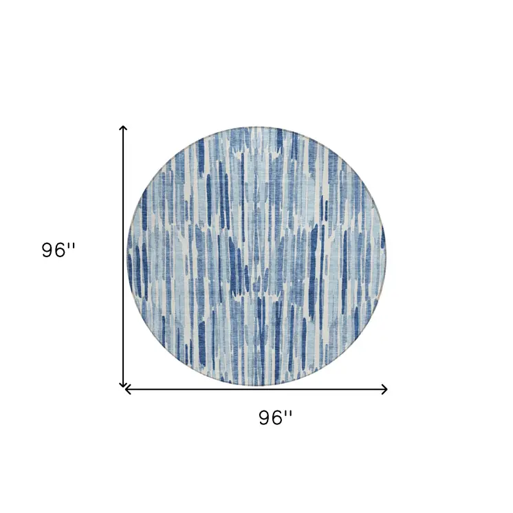 8' Navy Blue And Sky Blue Round Abstract Washable Indoor Outdoor Area Rug