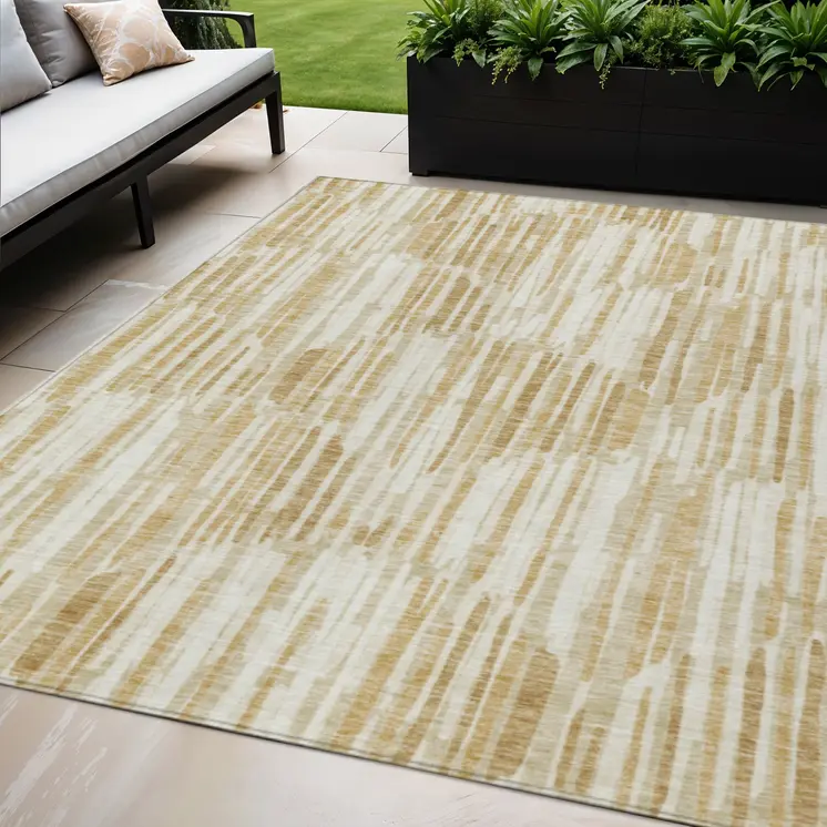 5' X 8' Gold Beige And Ivory Abstract Washable Indoor Outdoor Area Rug