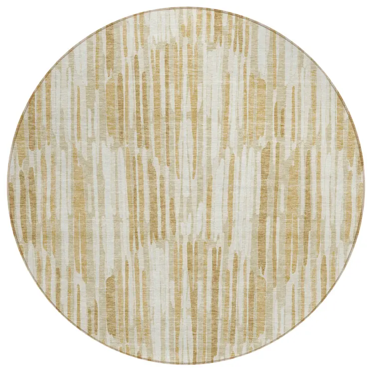 8' Gold Beige And Ivory Round Abstract Washable Indoor Outdoor Area Rug